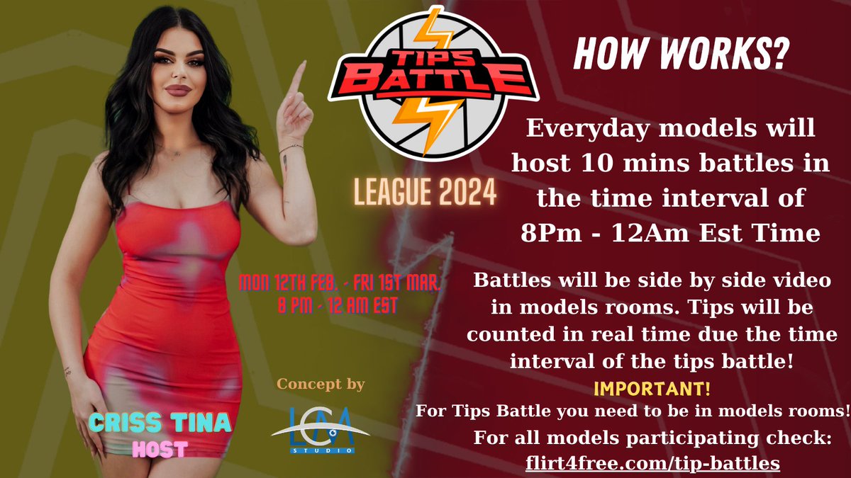 Tips⚡Battle ™ (@tipsbattles) on Twitter photo Have you wondered how Tips Battle League works?
Find out more usefull infos everyday by checking our posts!
Check the models rooms here: flirt4free.com/tip-battles and from Monday 12th Feb, enjoy the battles live in the models rooms during side by side battles!
Live <a href="/Flirt4Free/">Flirt4Free</a> Have you wondered how Tips Battle League works?
Find out more usefull infos everyday by checking our posts!
Check the models rooms here: flirt4free.com/tip-battles and from Monday 12th Feb, enjoy the battles live in the models rooms during side by side battles!
Live <a href="/Flirt4Free/">Flirt4Free</a>