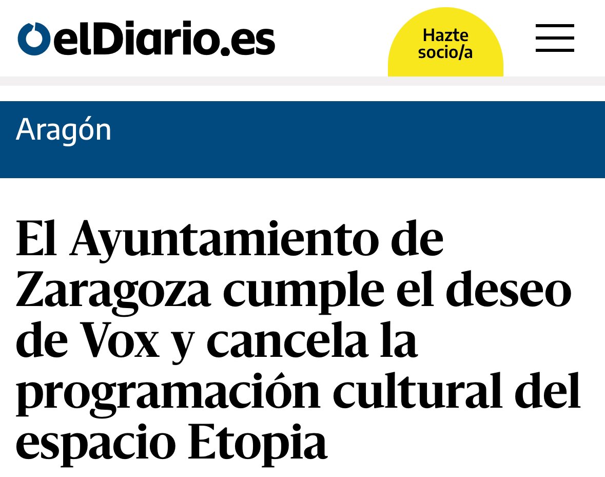 Me niego a aceptar que mi ciudad sea tan casposa, bruta y meapilas.

Esto no va de izquierdas o derechas. 

Va de civilización o barbarie. 

Os ruego máxima presión y eco para defender los programas culturales de <a href="/etopia_/">Etopia: Emprendimiento, Innovación y Tecnología</a>