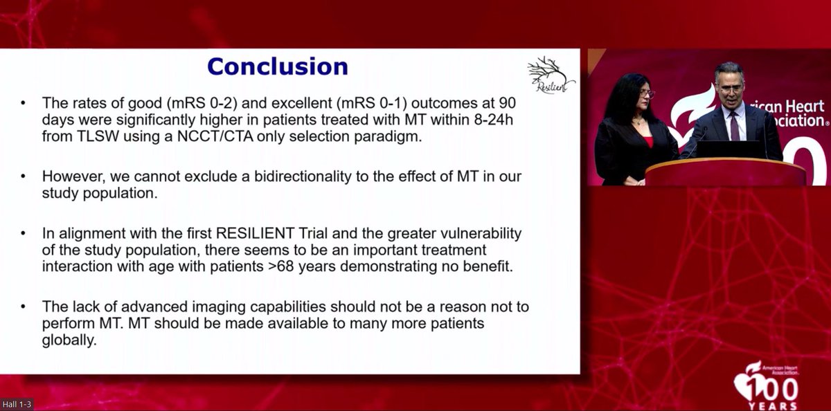 🇧🇷 Resilent Extend Results presented  at #ISC24: 
👉benefit of EVT in stroke patients with LVO arriving from 8-24h LTSW selected only with CT/CTA in a low resource setting
👉lower cost for patient selection (does not use advanced imaging), more global access to the treatment