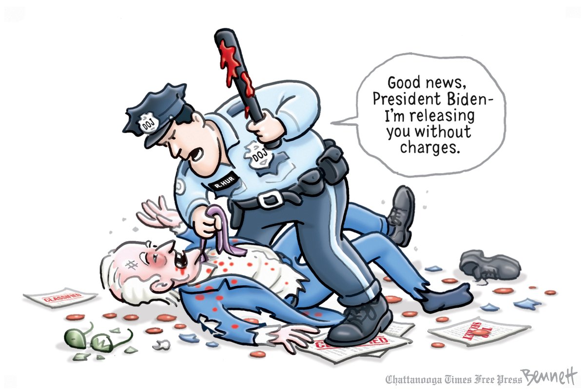 ablueview's tweet image. MAGA &amp;amp; reality-based cartoonists' initial reactions to Special Counsel Robert Hur's report clearing Biden of any criminal wrong doing. Like other journalists, however, cartoonist are focusing on Biden's age not innocence.

#HurReport #DOJ #BidenHarris2024 #ABlueView