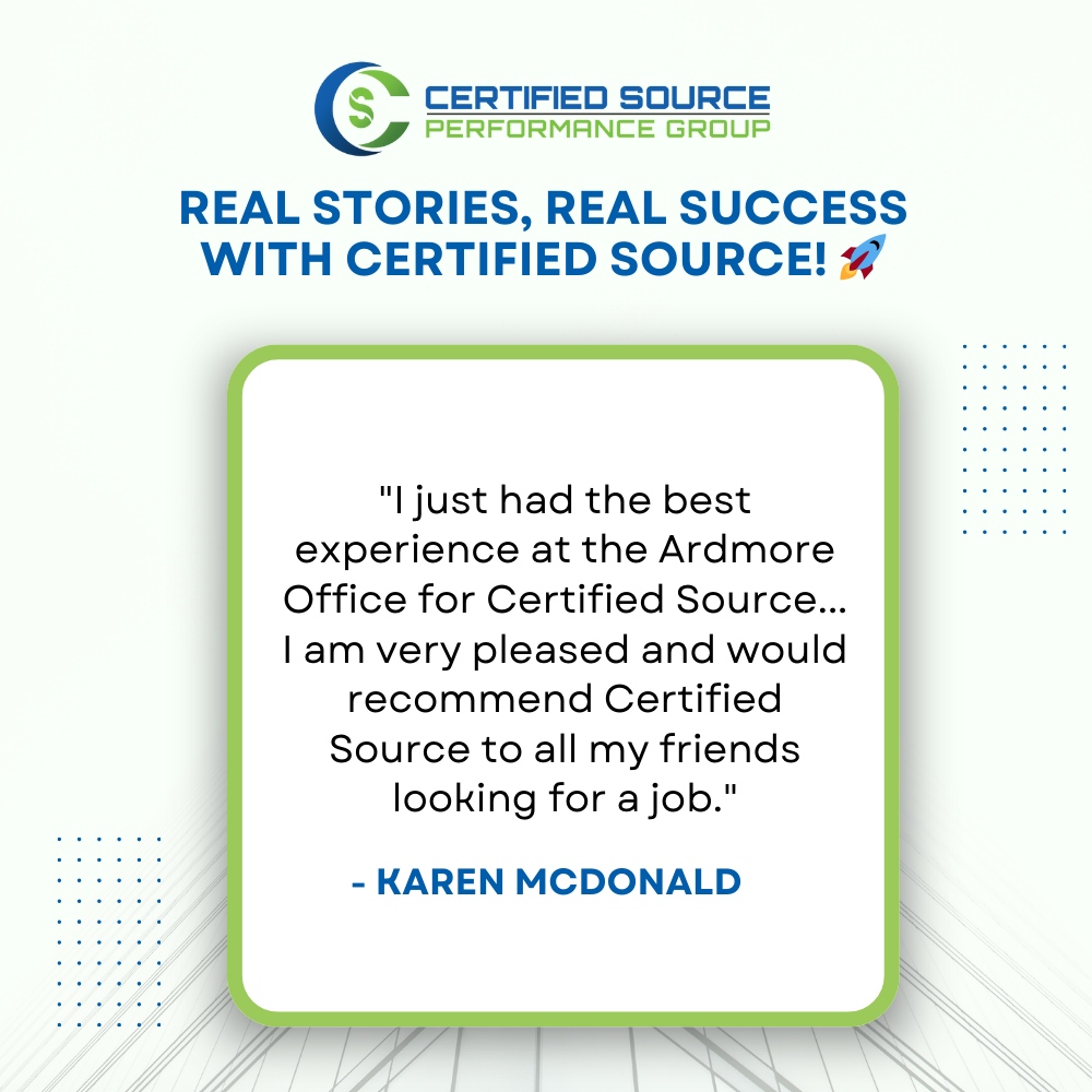 Real Stories, Real Success with Certified Source! 🚀

'I just had the best experience at the Ardmore Office for Certified Source... I am very pleased and would recommend Certified Source to all my friends looking for a job.'

#CertifiedSuccess #ClientTestimonials #HappyClient