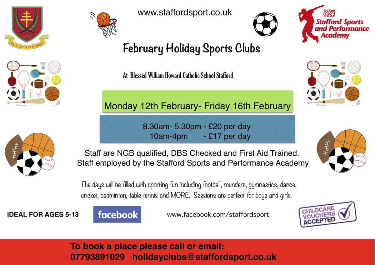 February Holiday Clubs 2024
Blessed William Howard School, Stafford 
Monday 12th- Friday 16th February, 2024
8.30am-5.30pm £20 or 10am-4pm £17
To book:  ow.ly/hYZ550KAWCI 
Further questions email holidayclubs@staffordsport.co.uk
#Stafford #HolidayClubs