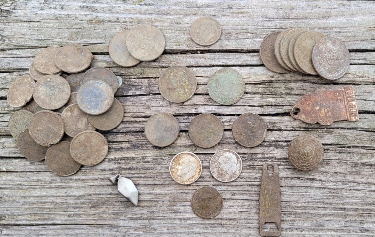 Got over to a new permission today.
1950 house half a mile from a 150+ year old college campus. 
This was just the front yard.
Three wheats, including a 1916D.
Two silver Rosies, 1963 &amp; 1964. 
Dog Tax tag 1963, 1953 US play penny, and a 1941 nickel.
#Saturdaynightcoinshow