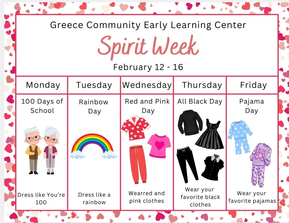 Next Week Is February Spirit Week at The ELC. We're celebrating all of the things. 100 Days of school - The Day of L❤️VE - BLACK HISTORY ♥️🖤💚 - And World WHALE Day. 🐳 Please Share! @GreeceELC @valeriekpaine @@tmelore @GreeceCentral @mikejferris2 @JulieParsons203 #SpiritWeek