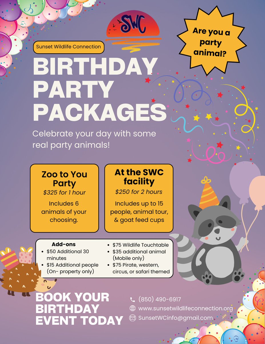 SunsetWildlifeC's tweet photo. CALLING ALL PARTY ANIMALS!! 🎉

Book your child's birthday today! https://t.co/64GMWVy31o