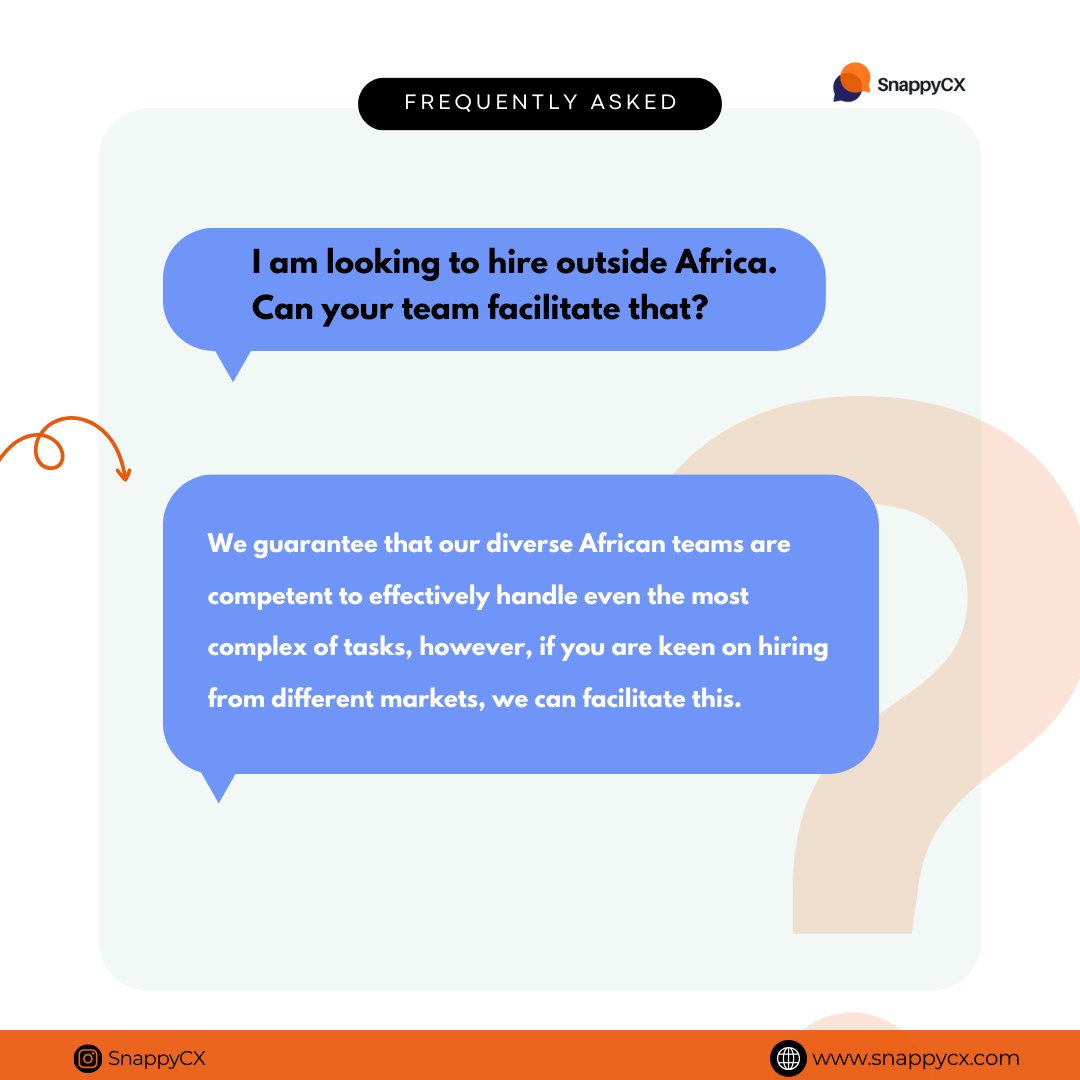 TheSnappyCX's tweet photo. 🤔Have questions about hiring outside Africa?  We've got answers!

Drop a comment below or DM us today and let's discuss your specific needs.

#hiringmadeeasy #globalexpertise #Outsourcing #USA #BPO #BusinessGrowth #Smallbusiness #Entrepreneur #UK #SnappyCX #Startup #Canada https://t.co/r9D6Y8NCyt