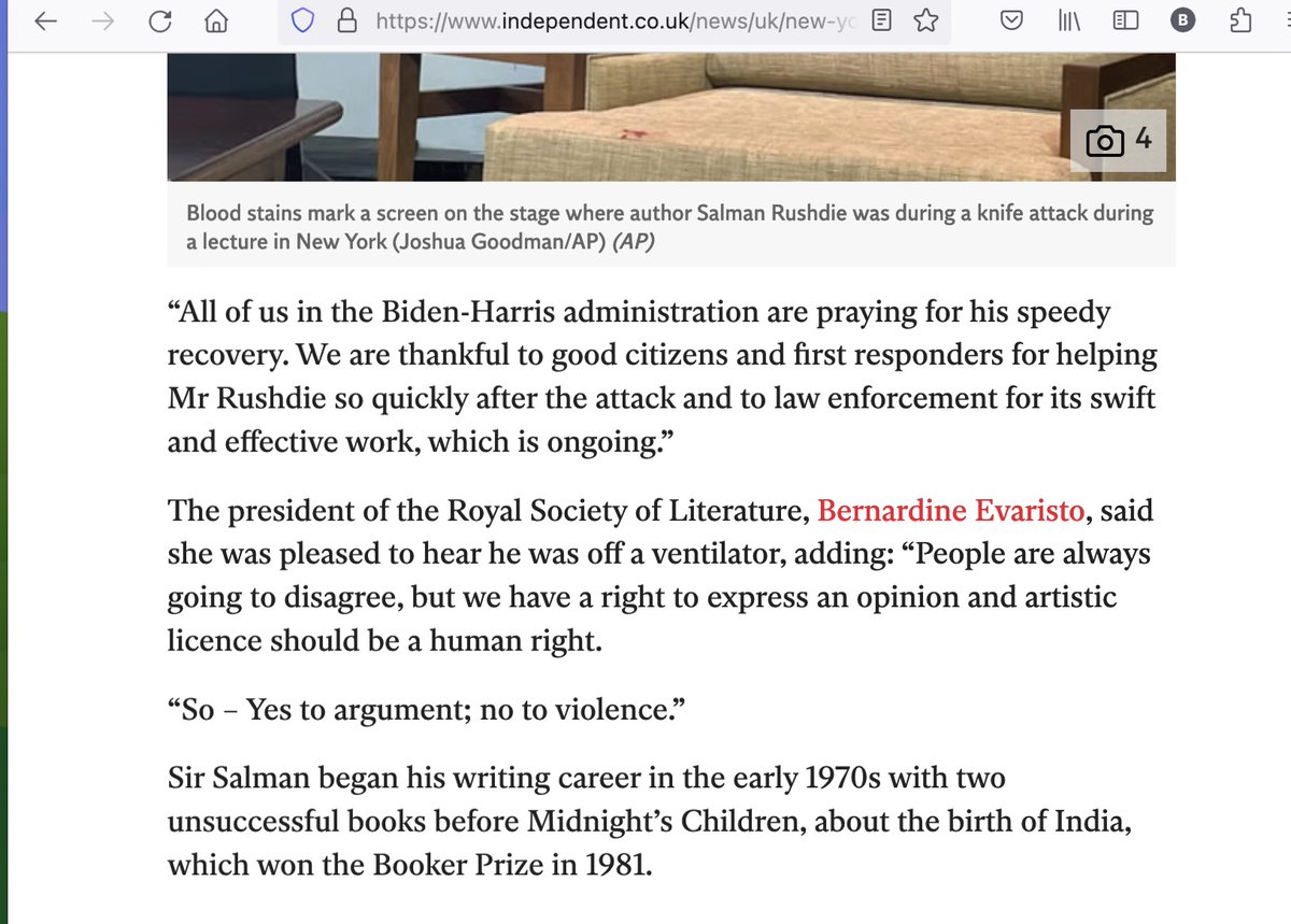 BernardineEvari's tweet image. Contrary to incorrect media reporting (which has proliferated in the past week), the @RSLiterature put out 2 tweets in support of Salman Rushdie when he was stabbed, as did I, a personal tweet. I deleted the first one in a mass delete ages ago, but the second was quoted in the…