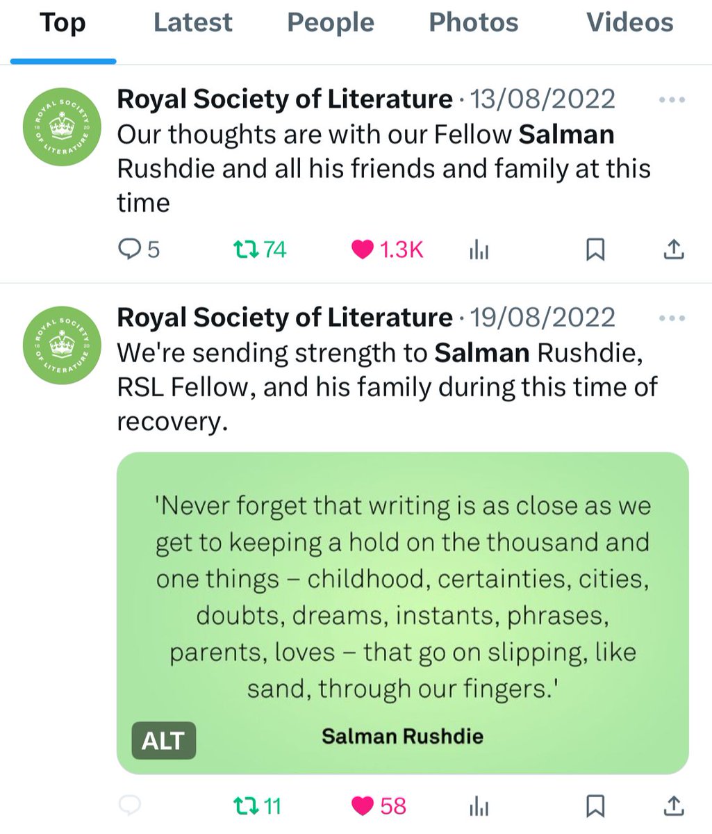 BernardineEvari's tweet image. Contrary to incorrect media reporting (which has proliferated in the past week), the @RSLiterature put out 2 tweets in support of Salman Rushdie when he was stabbed, as did I, a personal tweet. I deleted the first one in a mass delete ages ago, but the second was quoted in the…