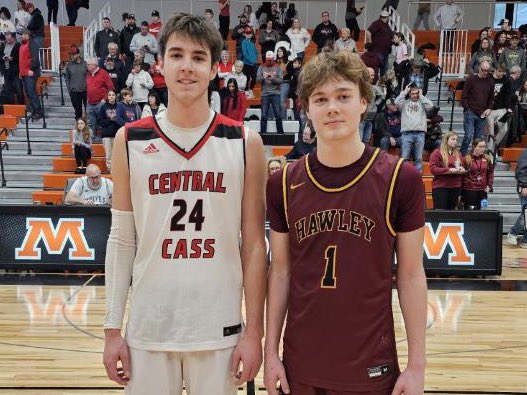 In an amazing first game Central Cass beat Hawley 107-99. 

Brevin Stoa had 61 points for Hawley and Cole Holzer had 59 points