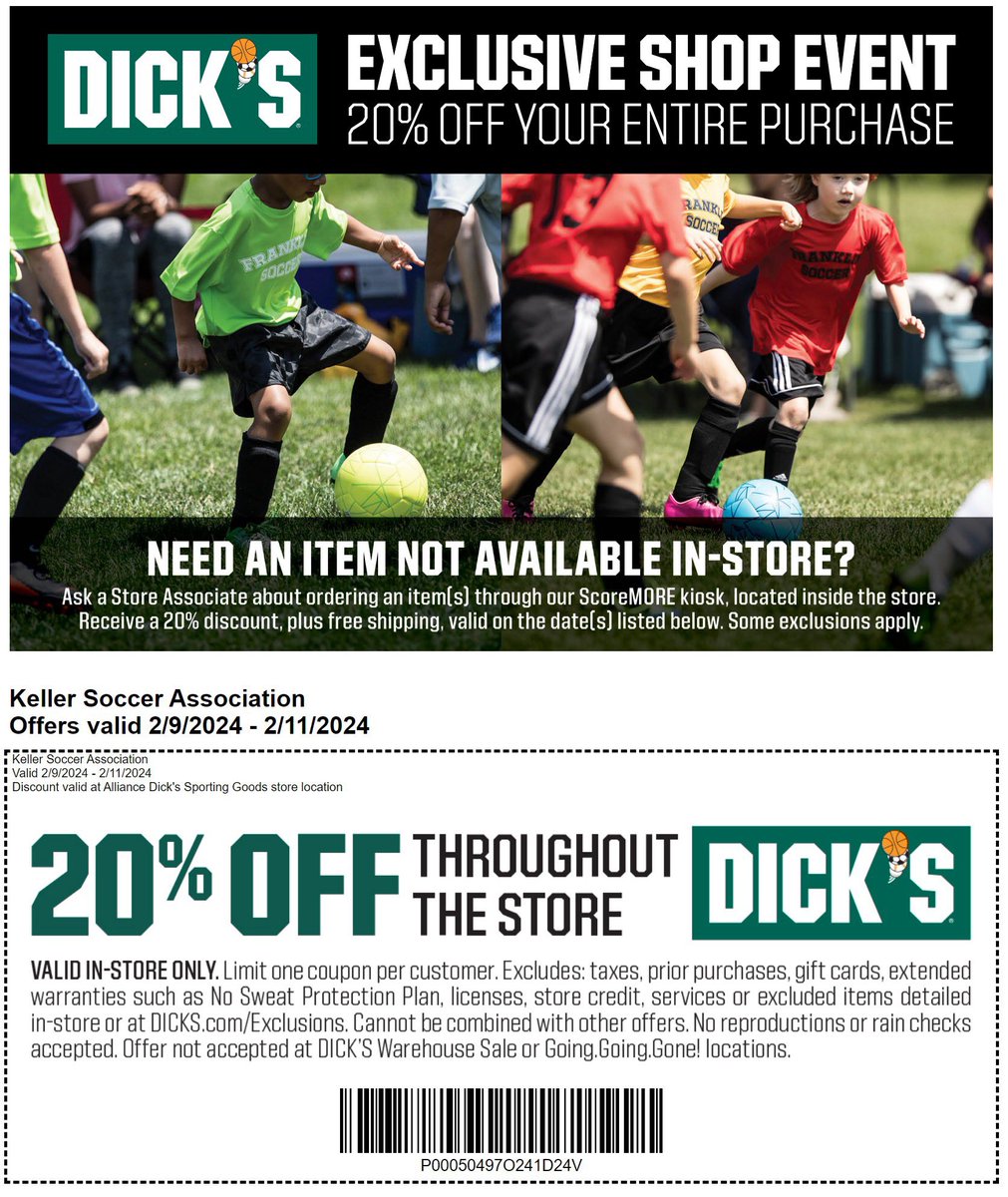 It’s KSA weekend this coming weekend at Dick’s Sporting Goods Alliance!! 20% off your entire purchase with flyer below!!