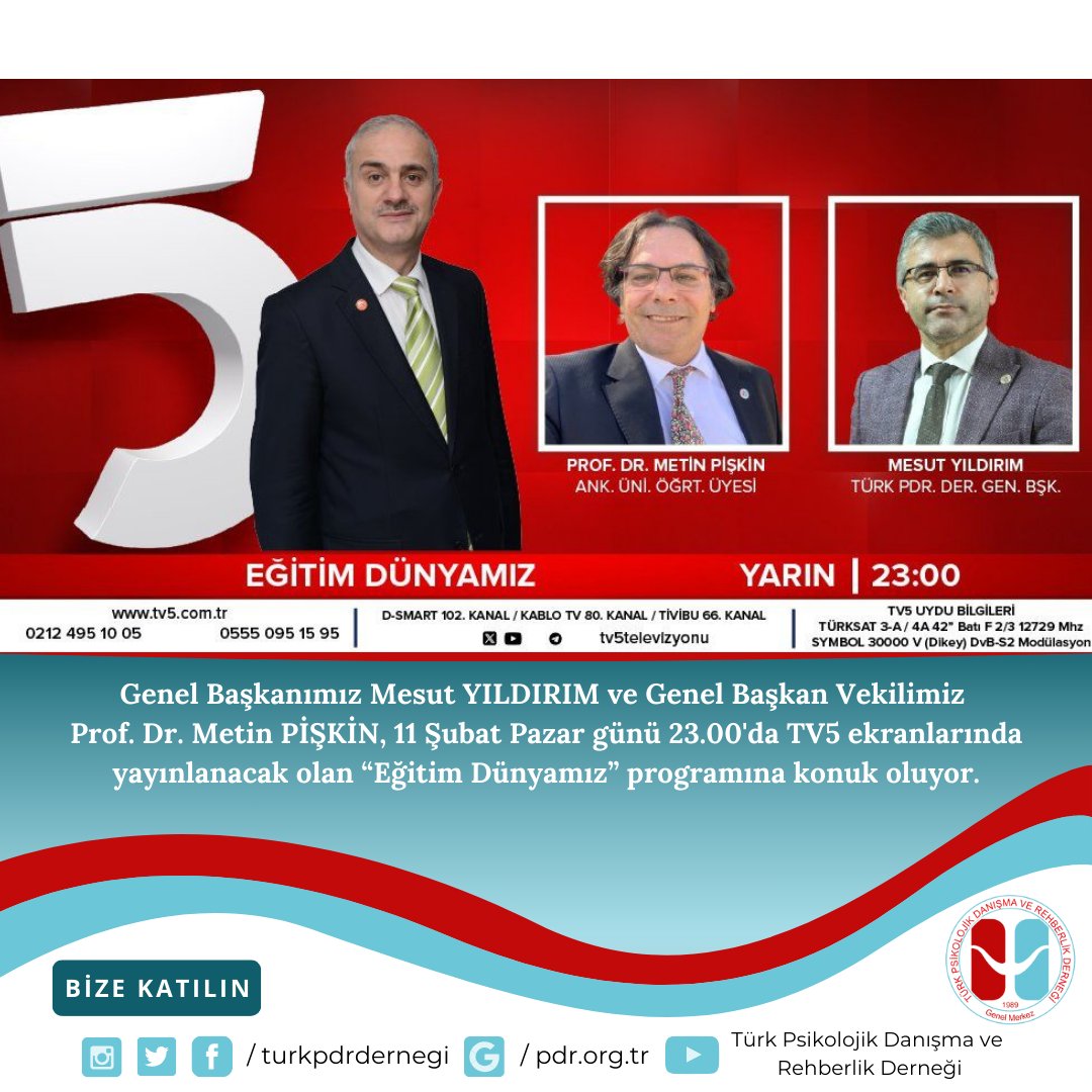 Kamu ve Özel Sektörde Psikolojik Danışmanlık ve Rehberlik Hizmetleri

Eğitimci <a href="/hmustafaaydin2/">mustafa aydın</a> soruyor, 
Genel Başkan Vekilimiz Prof. Dr. <a href="/ProfDrMPiskin/">Prof. Dr. Metin Pişkin</a> ve Genel Başkanımız <a href="/mesutyldrm_pdr/">Mesut YILDIRIM</a> cevaplıyor.

#EğitimDünyamız yarın (Pazar) 23:00’te TV5’te.

<a href="/turkpdrdernegi/">Türk PDR Der- Psikolojik Danışma ve Rehberlik</a>