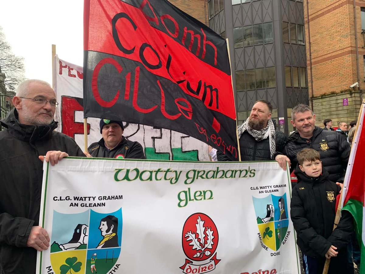 GaelsAgainstGen's tweet image. The gathering of the clans from Tryone &amp;amp; Derry as @NaomhColumCille &amp;amp; @WattyGrahamsGAA joined forces in Belfast to demand a #CeasefireNOW
