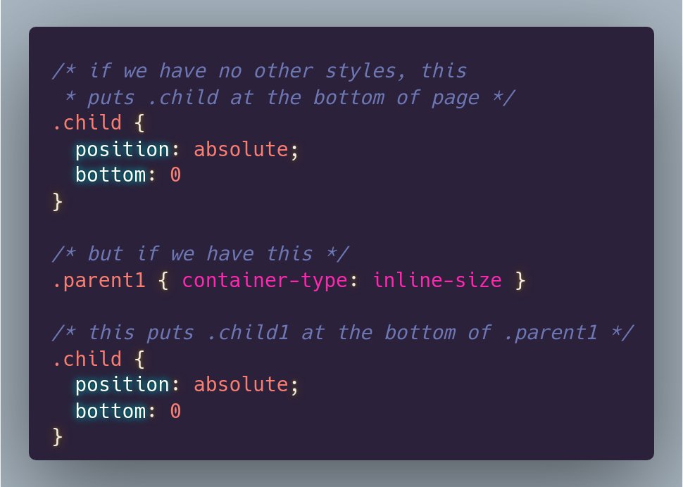 anatudor's tweet photo. #tinyCSStip If you make an element a container, a `position: absolute` child is going to be positioned relative to it, which can be very problematic if you were counting on positioning it relative to another ancestor. https://t.co/QB5I4IpcZk