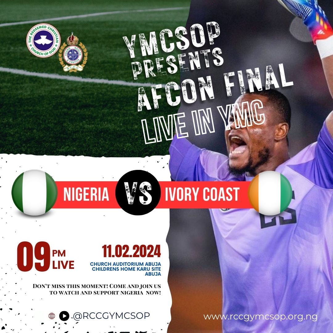 rccgsopabj's tweet photo. YMCSOP Presents AFCON live in YMC

🇳🇬 Nigeria vs 🇨🇮 Ivory Coast - Witness the thrilling match LIVE! 

Find more details in the attached flyer.

Come and join us to watch and support Nigeria now! 
Be part of the action! Let's cheer for Nigeria together! https://t.co/CPxvhEsv18