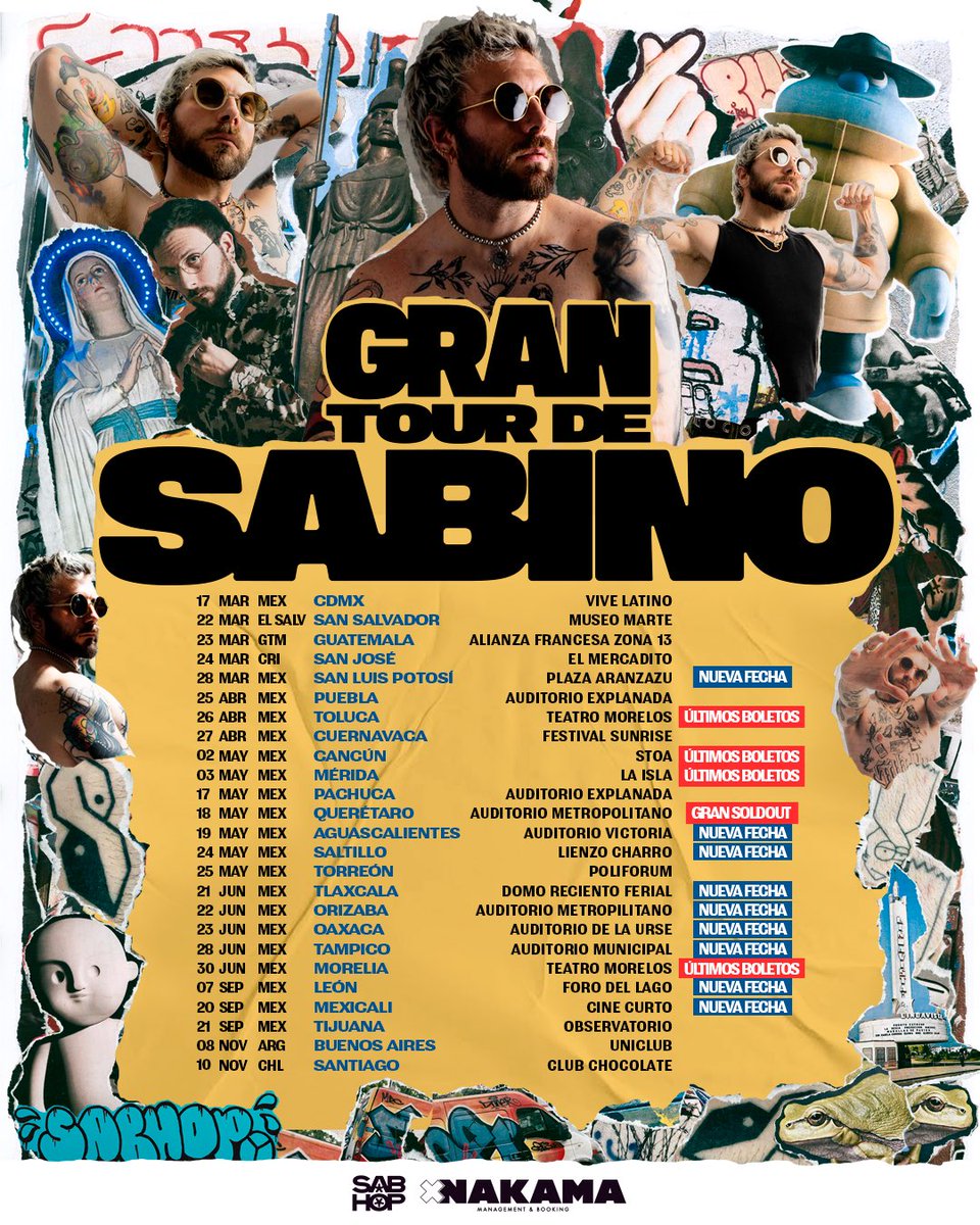 ¡GRAN anuncio 🌪️!

Cariño se suman nuevas fechas y ciudades al GRAN TOUR, muchísimas gracias por apoyar y hacer que el SABHOP llegue a más lugares 🐸🫰🏼.

Ponte las pilas, que hay muchas fechas que están por agotarse 🔋

Boletos a la venta en grandesabino.com