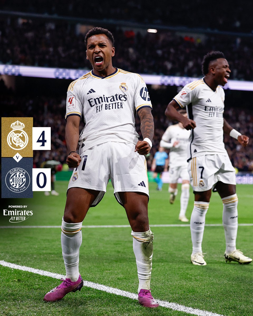 realmadridarab's tweet photo. 🏁 نهاية المباراة! 🙌
ريال مدريد 4-0 جيرونا  
⚽️ 6' @ViniJr
⚽️ 35' @BellinghamJude
⚽️ 54' @BellinghamJude
⚽️ 61' @RodrygoGoes
#RealMadridGirona | #Emirates https://t.co/21vqLZj9Ft