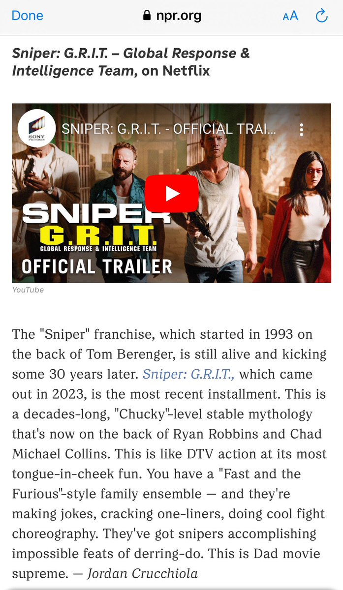 CollinsChadM's tweet photo. Shoutout to @NPR @LAist @JorCru for the @SniperFilms SNIPER: GRIT love - a top weekend recommendation!

https://t.co/glyQza24ww

#sniper #npr #action #actionmovies https://t.co/tN2p88cNaJ