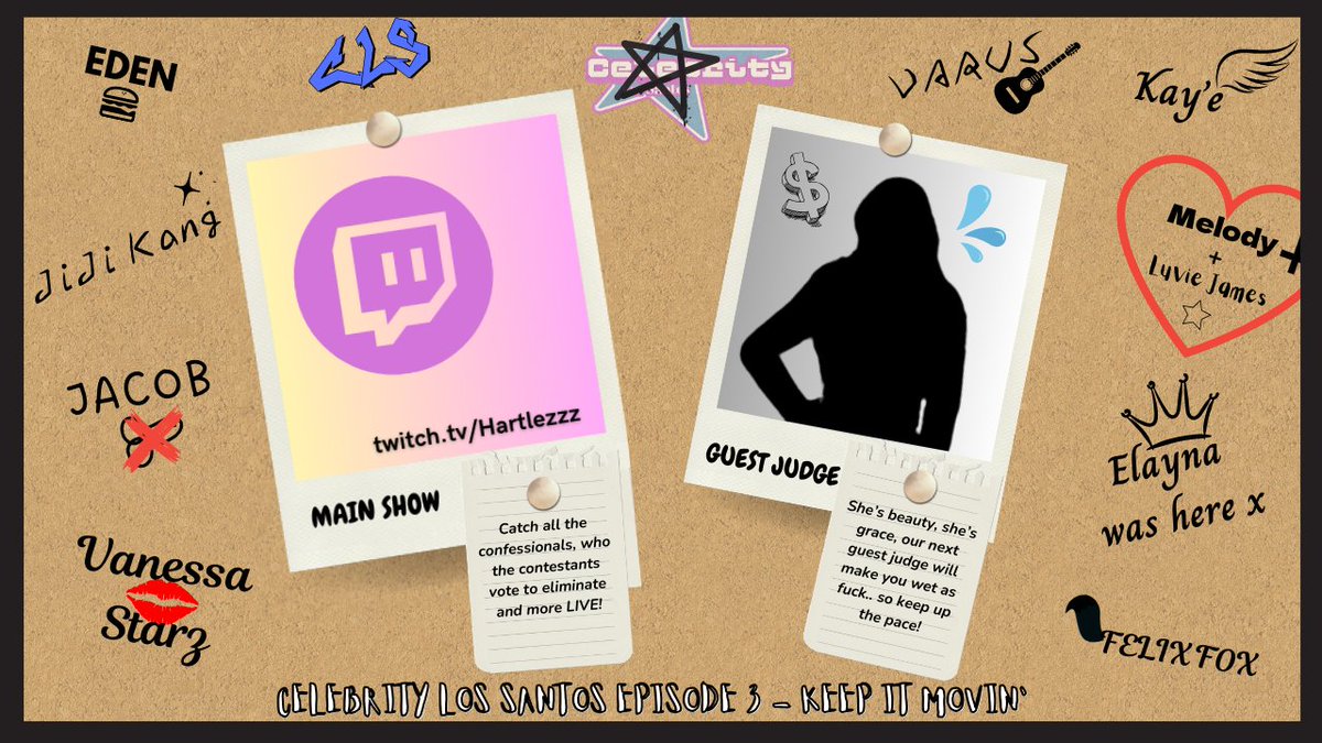 💫Episode 3 of Celebrity Los Santos will go live at 8:30PM EST with the host, Hartlezz, as the main POV at twitch.tv/hartlezzz alongside the contestants!

This episode's guest judge is sure to spice up the mansion. Full of twists and surprises, you don't wanna miss it. 🌠