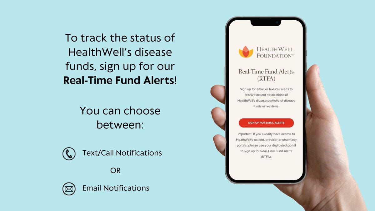 HealthWellOrg's tweet image. Our Real-Time Fund Alerts tool allows you to sign up for email or text/call alerts to receive instant notifications of HealthWell’s diverse portfolio of disease funds in real-time. To sign up, visit bit.ly/48QkkdQ