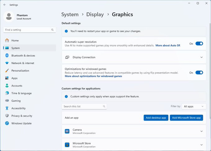Windows 11 Graphics settings page with several default settings at the top - among them is "Automatic super resolution", toggled on, with the description "Use AI to make supported games play more smoothly with enhanced details."