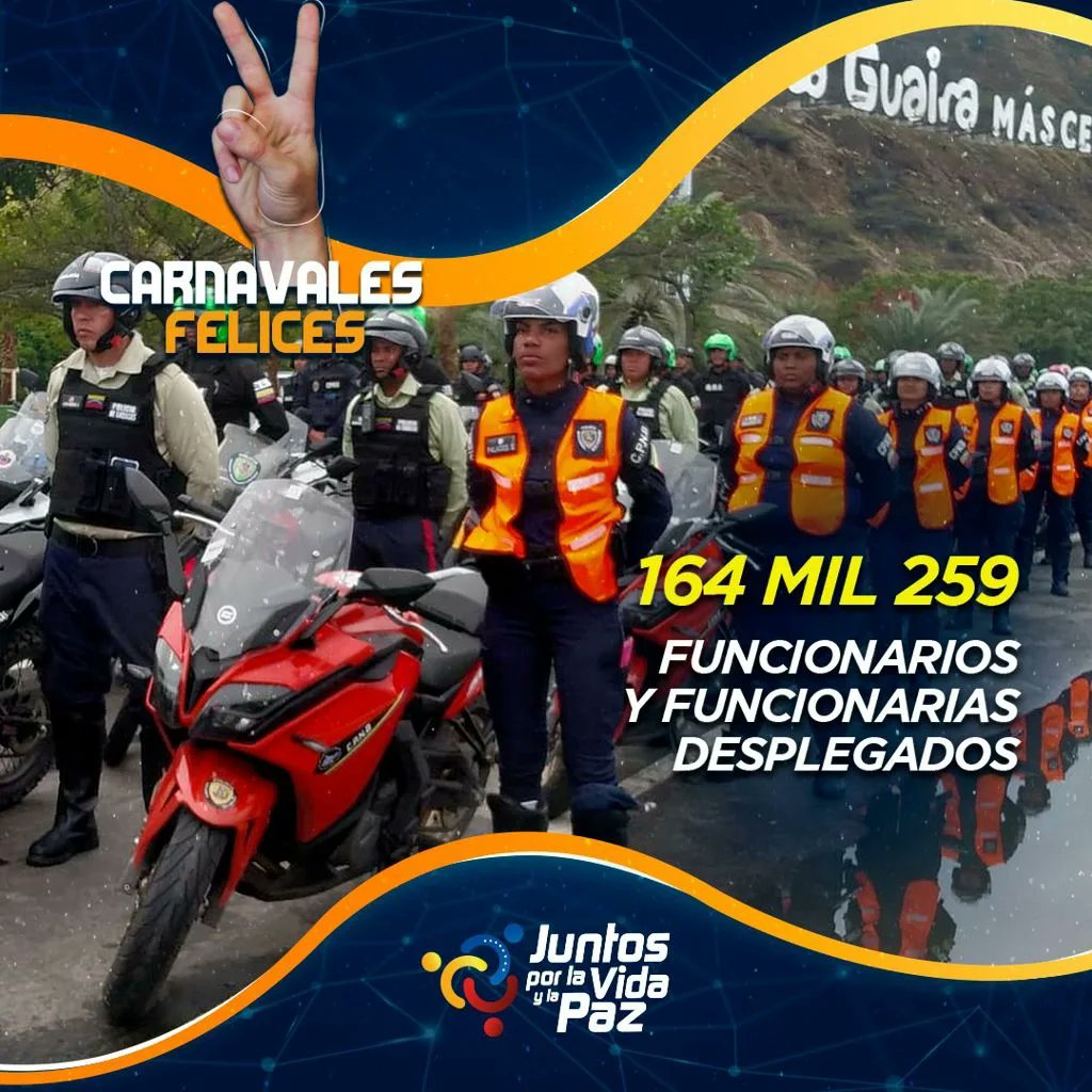 #Prevención || Gobierno Nacional despliega 164 mil 259 funcionarios para garantizar protección y servicio al Pueblo Venezolano en estos #CarnavalesFelices2024. La Prevención integral es responsabilidad de todas y todos, por la Vida y la Paz. 

#JuntosVenceremosLosRetos