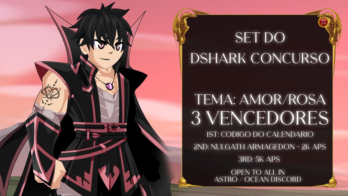 Nós @OceanGuild é <a href="/AstroGuildAQW/">AstroGuild</a> preparamos um concurso GIGANTE para vocês no tema AMOR/PINK, estou ancioso para ver seu conjunto com muito amor 🫶🏼, leiam as regras mande seu melhor conjunto no servidor da Astro!

discord.gg/astroguild