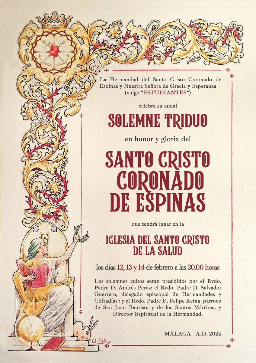 [Triduo] Los próximos días 12, 13 y 14 de febrero tendrá lugar el Triduo en honor al Santo Cristo Coronado de Espinas. Más info 👇🏻 #cofradiasmlg