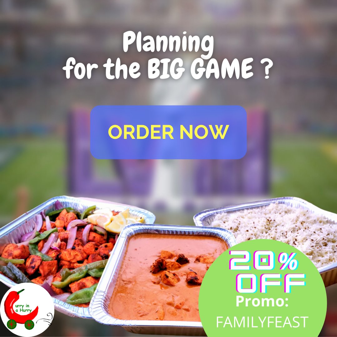 Planning a feast for the #biggame tomorrow? We have you covered. Kabobs, curries, biryanis, and more. Place your order by 6 pm tonight for pick up any time between 1 pm to 7 pm on Sun 2/11. 

Order today and get 20% OFF your #gameday orders. 

Promo: code FAMILYFEAST