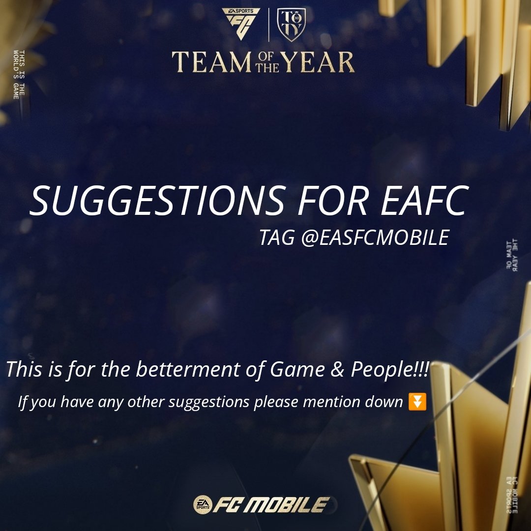 🚨 SUGGESTIONS FOR <a href="/EASFCMOBILE/">EA SPORTS FC MOBILE</a> 🚨

This week I saw a lot of people leaving the game and most of them DMed me saying

*The game doesn't feel good now*
* I'm getting stressed due to this game*

• SUGGESTION 1: Instead of designs you should pay attention to Division Rivals

>