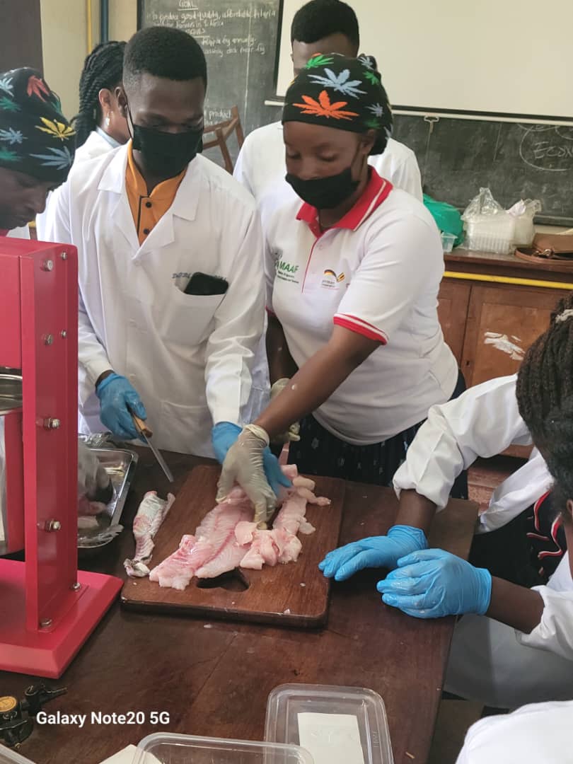 Fisamu21's tweet image. #fishvalueaddition personnel from Kawongo fishermen&apos;s co-operative savings and credit society limited and Mr. Wasimera Stanley @wasimerastanley guiding students during the practical session