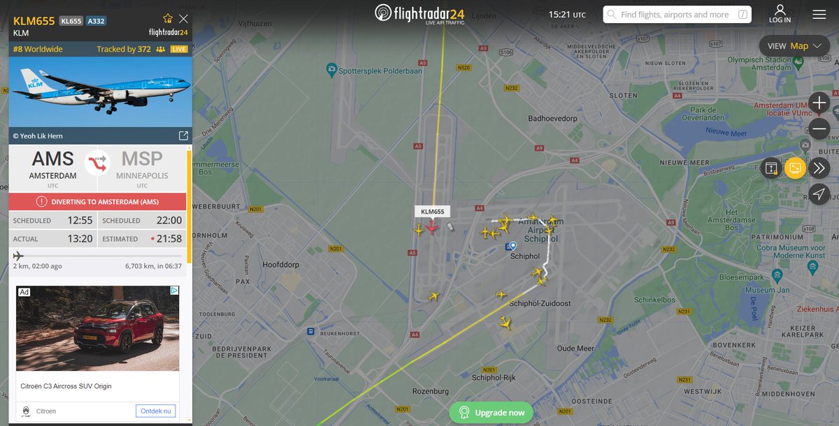 Ewoutvt's tweet photo. Brandweer Schiphol opgeroepen voor een voorzorgslanding RWY 18C op #Schiphol. KL655 met bestemming Minneapolis [MSP] boven Edinburgh omgekeerd naar het vertrekpunt. Het vliegtuig is veilig geland. https://t.co/zoo4f65NuJ