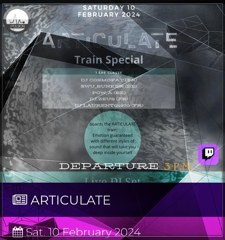 / /  Now  Live  / /

🚂… Articulate #Twitch Raid Train 🚂…

🎫 raidpal.com/en/event/artic…
.
• #SonicSeekers #ElectronicMusic #LiveStream #DubTechno #Electro #Experimental #IDM #IndustrialTechno #Techno #DenardHenry #SonicArchitect #JanaClemen #AbstractSoul #SwuBunker #RaidPal