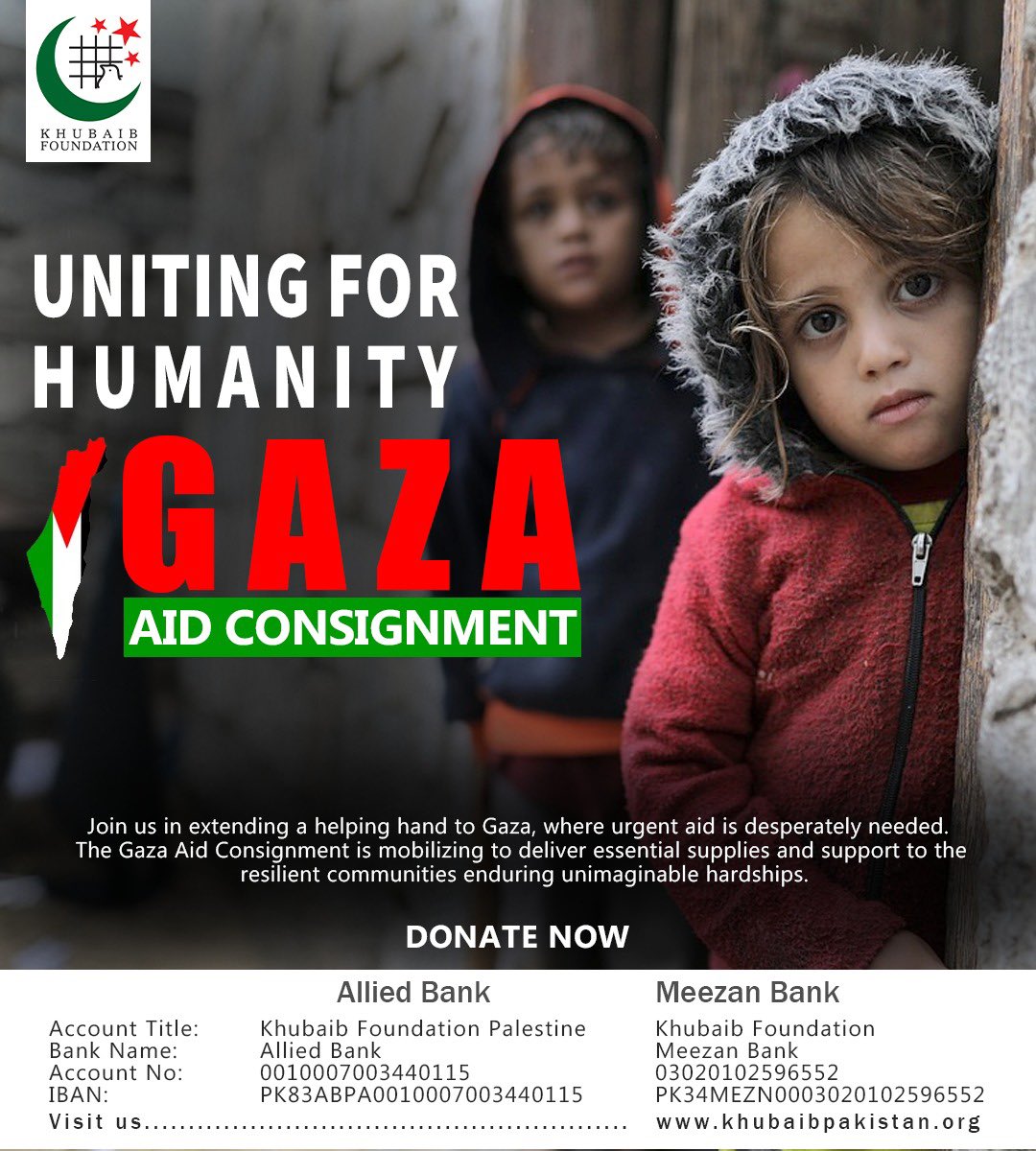 KhubaibPak01's tweet photo. The escalating crisis in Gaza has exacerbated an already dire situation, resulting in severe shortages of food and critical medical supplies. Responding to this urgent humanitarian crisis, Khubaib Foundation is dedicated to dispatching a shipment of essential medicines and canned food through the National Disaster Management Authority (NDMA). Your support is pivotal in making a tangible impact on the lives of those facing desperate circumstances.
#palestine #prayforpalestine 
#gaza #donations #help 
#food #medicine #emergency 
#khubaibfoundation