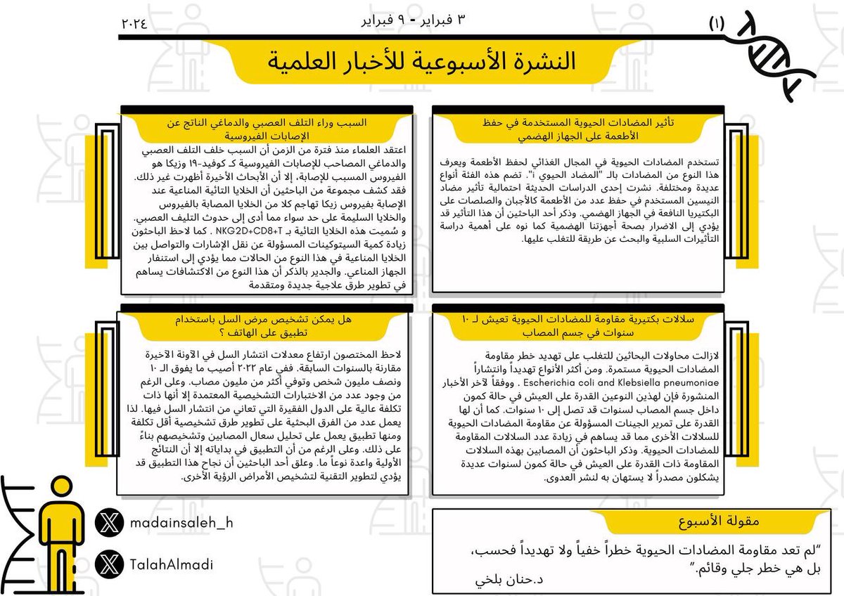 TalahAlmadi's tweet photo. سُعدت بالتعاون مع أ. @madainsaleh_h بترجمة الاخبار العلمية الحصرية إلى اللغة العربية، لنشر المعرفي للعلوم و تسهيل الوصول لآخر الاخبار للمهتمين بالعلوم الصحية بمختلف الخلفيات و المجالات.

هذه النشرة سَتكون اسبوعية بإذن الله مع حماسنا الدائم لنشر العلم والمعرفة!✨

قراءة ممتعة🤍 https://t.co/rbMkhUrfe0
