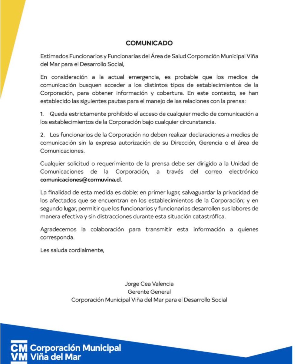 DRESTRUM__Pl's tweet photo. 🚨 Gravísimo: la municipalidad de Viña estableció por escrito la CENSURA a cualquier medio de comunicación. 
Esto como respuesta a la investigación de @ciper que reveló que la municipalidad no tiene Plan de Emergencia ni de Evacuación ante incendios.

@exantecl @biobio @latercera https://t.co/xbmwHqCfU6