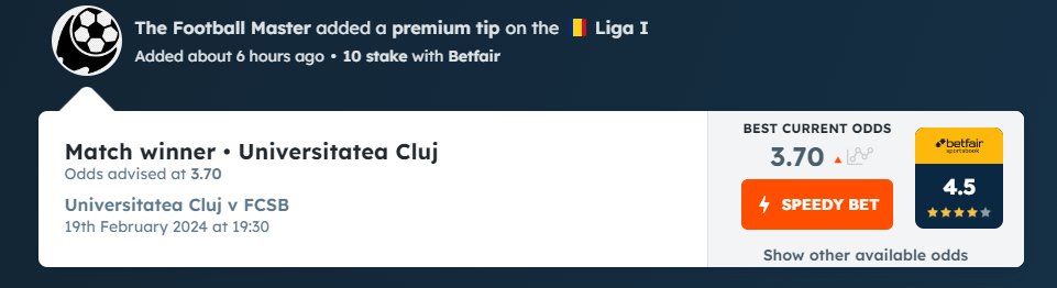 T_Foot_Master's tweet image. "Saturday's Bet of The Day "  
  19 February / Romania Liga 1
Universitatea Cluj vs FCSB 
Universitatea Cluj to win @ 3.70 @Betfair 

#FreePick #BOTD like retweet

Going for the 4th winning month in a row.