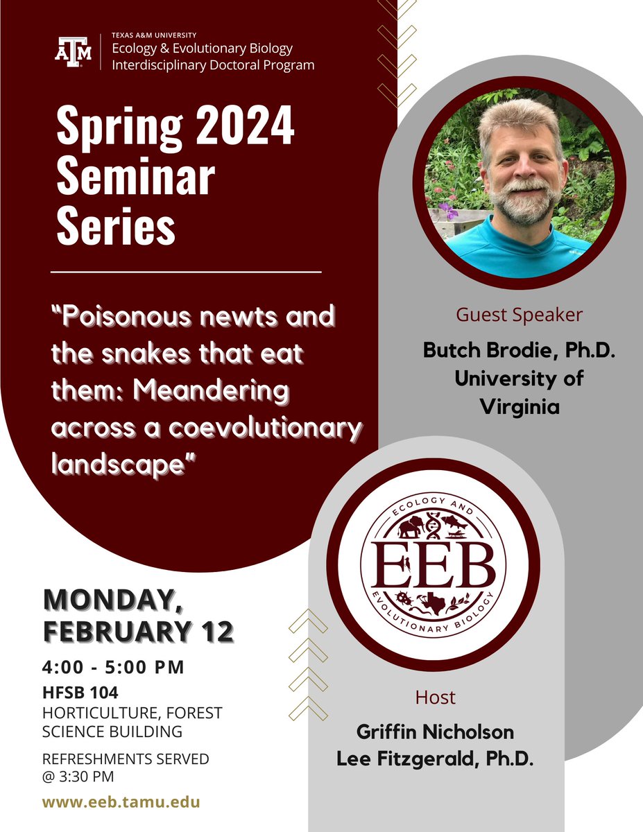 EEB at TAMU (@tamueeb) on Twitter photo EEB Spring 2024 Seminar Series: Join us Monday Feb 12 at 4pm to welcome Butch Brodie <a href="/butch_brodie/">Butch Brodie</a> of the University of Virginia.
Also check out the full seminar schedule at eeb.tamu.edu/eeb-seminar-se… EEB Spring 2024 Seminar Series: Join us Monday Feb 12 at 4pm to welcome Butch Brodie <a href="/butch_brodie/">Butch Brodie</a> of the University of Virginia.
Also check out the full seminar schedule at eeb.tamu.edu/eeb-seminar-se…