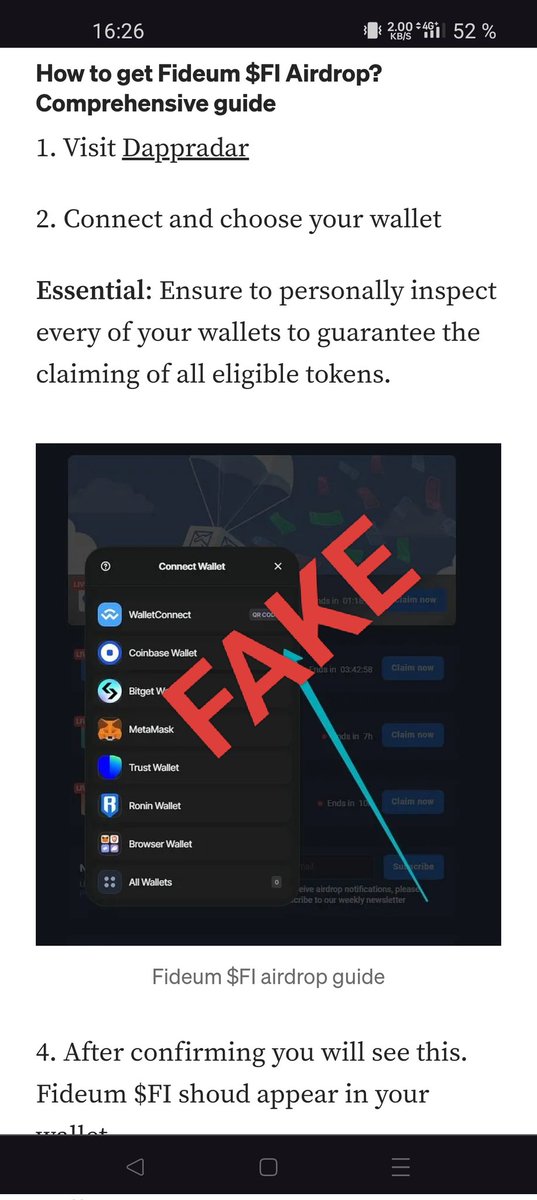 Inseqd's tweet photo. A fake $fi airdrop is taking place that takes you to a malicious site looking like @DappRadar, but is a fake site. 

Be careful out there. @FideumFinance #Fideum #blockbank

@Medium, how do we take this bad actor/author down?

https://t.co/s1HDEPK8v1 https://t.co/PkEEZDAsBv