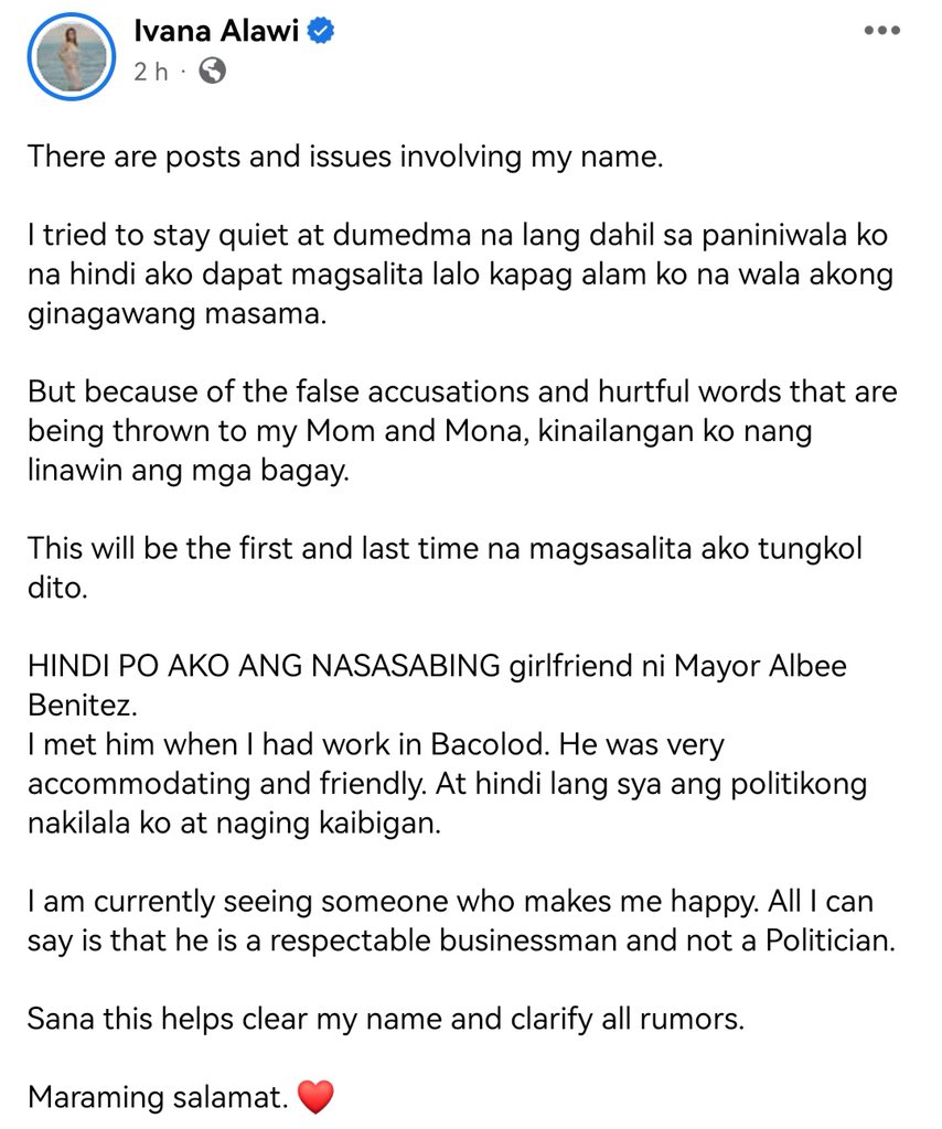 auntieselina_'s tweet photo. Just in: Ivana Alawi, tahasang itinanggi na may relasyon siya kay Mayor Albee Benitez. Ayon sa aktres, businessman ang nagpapasaya sa kanya ngayon at hindi pulitiko. https://t.co/pyWwcKBvVi