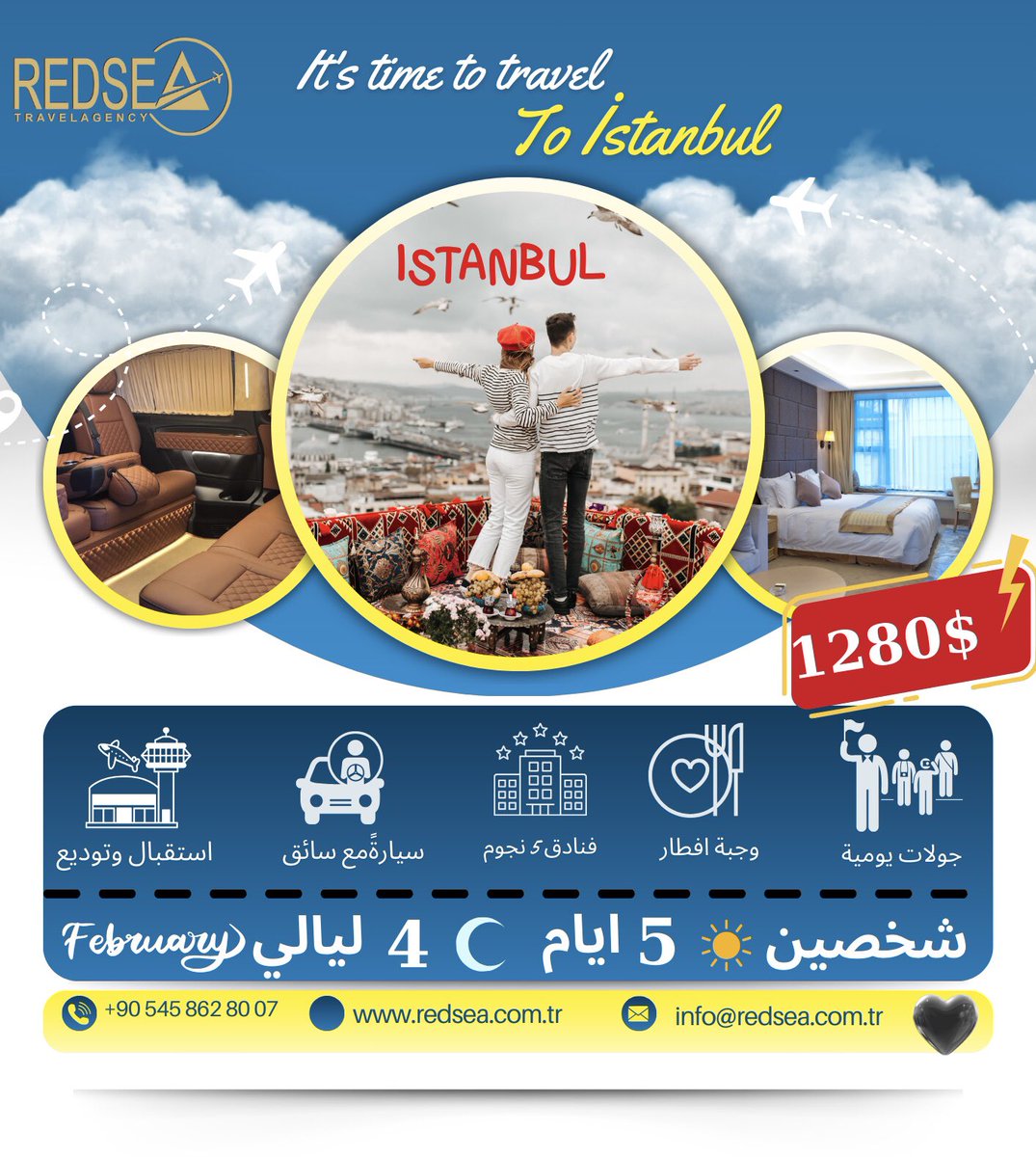 RedseaTurkiye's tweet photo. 📍Travel to İstanbul …….

February discount
5 nights 4 days 5 star hotel accommodation promotion for 2 person ……..

.
📍Daily city tour 
📍Airport transfer 
📌Ortaköy , hagia Sofia, blue mousq,Galataport,taksim,Galata Tower 
📌sapanca tour 
.
#travel #tour #istanbullovers https://t.co/OhYi5SN2cn