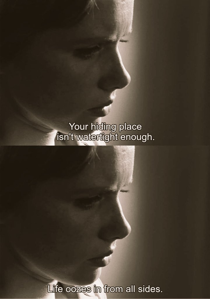 Your hiding place isn't watertight enough.

Life oozes in from all sides.

📽️Persona (1966)/ 
Director: Ingmar Bergman