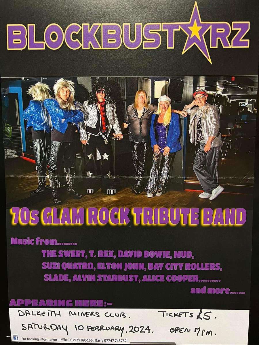 🪩 TONIGHT - Saturday 10 February 2024 - BLOCKBUSTARZ 70’s Glam Rock Tribute Band featuring music from T Rex, The Bay City Rollers, Alice Cooper, Elton John & more. ⏰ 7pm Doors Open 🎟️ Tickets Only £5 - if you don’t have one pick one up at the door!