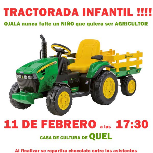 Mañana en mi pueblo se hará patente que esta lucha es para que haya vida en los pueblos , para que los hijos de los agricultores , si quieren , puedan tener futuro haciendo lo que hacen sus padres y madres, trabajar la tierra. Habrá tractores de juguete disponibles, animaos!