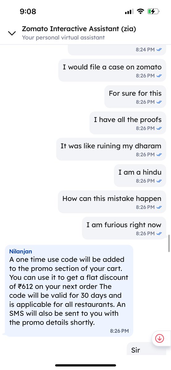 parth_cham's tweet photo. I am attesting all the screenshots of #zomato conversation. These people at #Zomato  play with peoples sentiments and religious believes . They sent me chicken when i ordered pure veg. https://t.co/kKdq5RJUGG