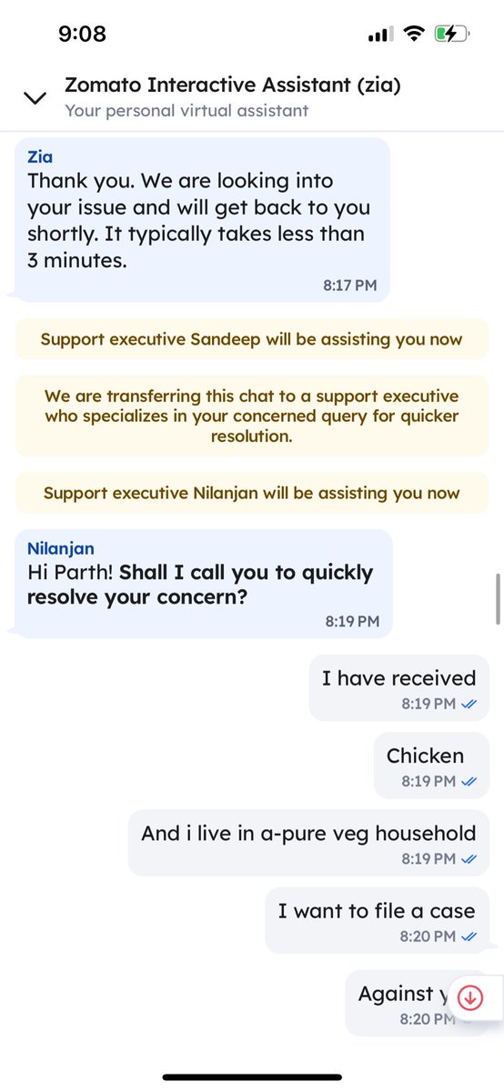 parth_cham's tweet photo. I am attesting all the screenshots of #zomato conversation. These people at #Zomato  play with peoples sentiments and religious believes . They sent me chicken when i ordered pure veg. https://t.co/kKdq5RJUGG
