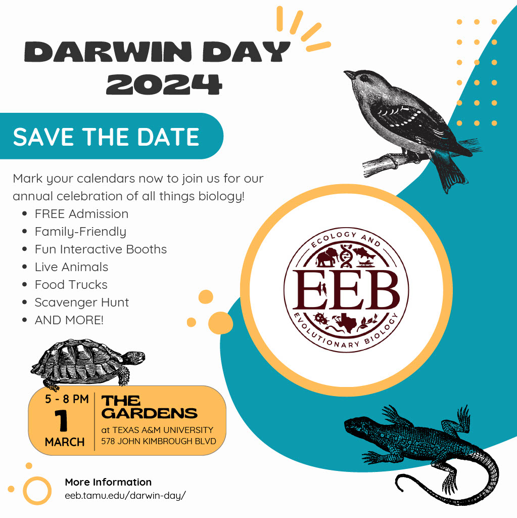 Even though the official date is Feb 12th, join us March 1st to celebrate Darwin Day! #DarwinDay #ecology #evolutionarybiology eeb.tamu.edu/darwin-day/dar…