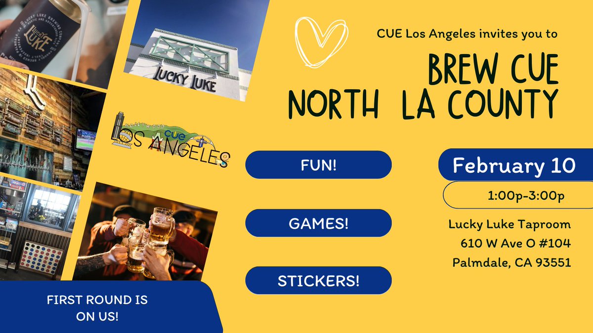 cuelosangeles's tweet photo. Today is the day! If you are in the area, stop by Lucky Luke and hang out with some of the #CUELosAngeles board members and your local colleagues. All members who attend will get two additional entries in our raffle for free Spring CUE Registration! #BrewCUE https://t.co/sa1dRtZXbE