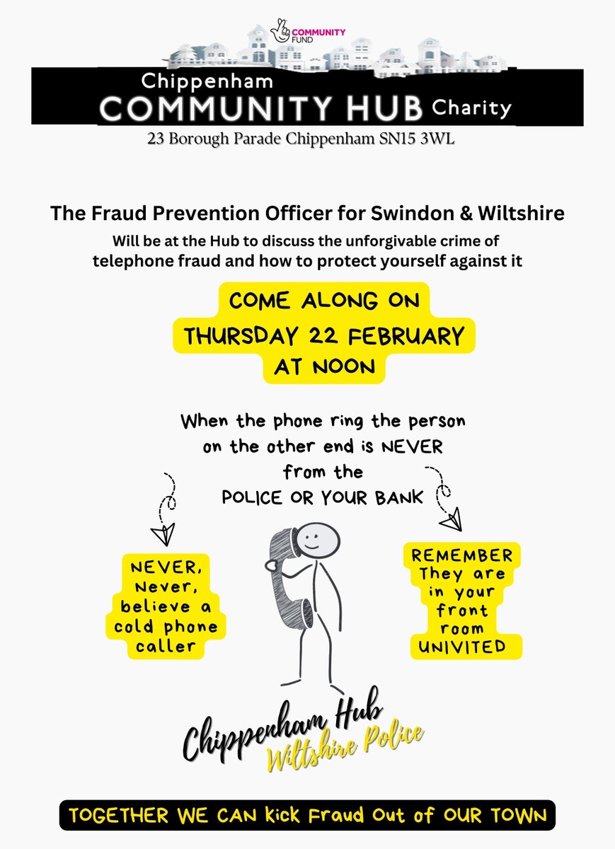 Continuing our work with @wiltshirepolice we are putting on a workshop for anyone concerned/ a victim of this most heinous crime, telephone fraud. It invades personal space preying on loneliness vulnerability @jesica_beard @pwilkinson_pcc @cs_wilt @ChipBoroughLC @wiltsgazette