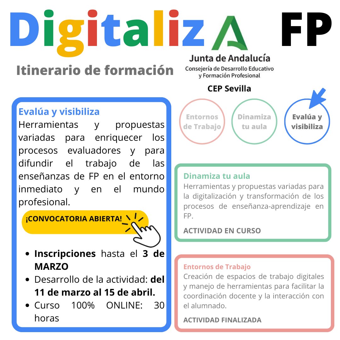 SEGUIMOS! 👏🏼Convocatoria Regional del Itinerario  #DigitalizaFP 🔵#EvalúayVisibiliza con herramientas
<a href="/GoogleWorkspace/">Google Workspace</a> <a href="/GoogleForEdu/">Google for Education</a> para 🧑🏼‍💻👩🏽‍💻Profesorado de Formación Profesional <a href="/FPAndaluza/">Formación Profesional Andaluza</a> 🧑🏽‍🔧👨🏼‍🎨👩🏻‍🍳👩‍🌾 
📥¡INSCRIPCIONES hasta el 🗓 3 de marzo <a href="/CEPdeSevilla/">CEP de Sevilla</a> 
juntadeandalucia.es/educacion/secr…
