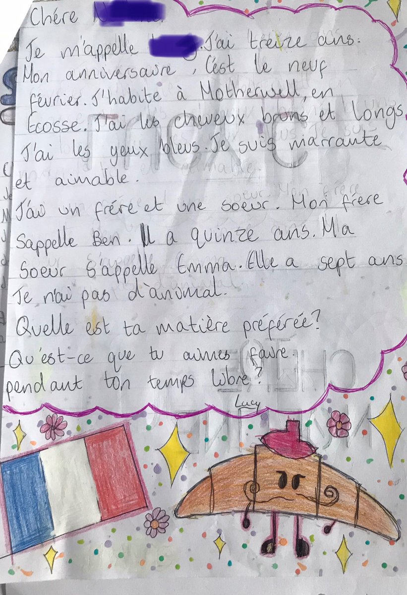 OLHSModLangs's tweet image. S1 pupils wrote beautiful letters to their penpals in France 🇫🇷! They described themselves and their families. Bravo to our fantastic linguists and amazing artists!